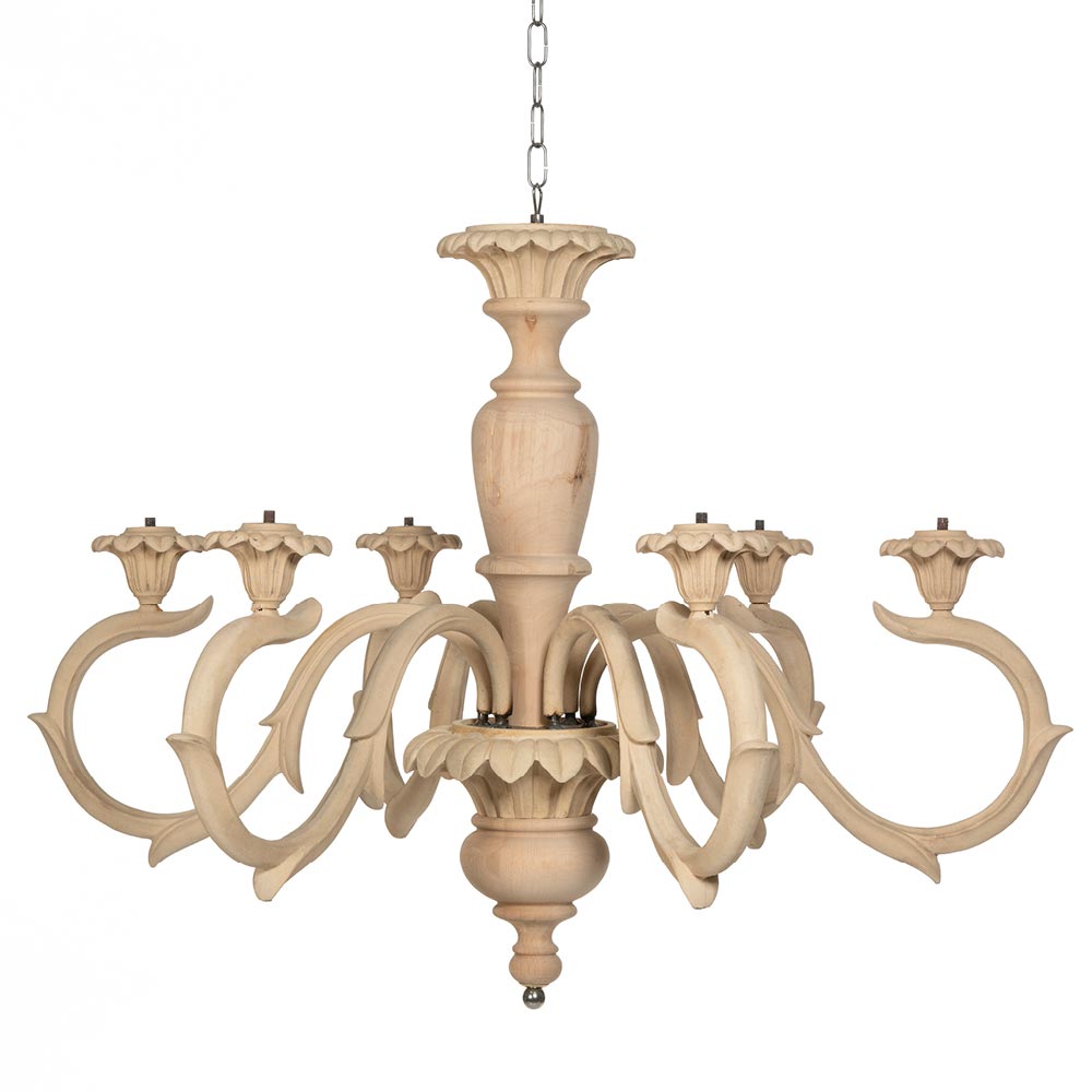 Daisy chandelier with 6 light fittings in beech and wood pulp size 78x78x77