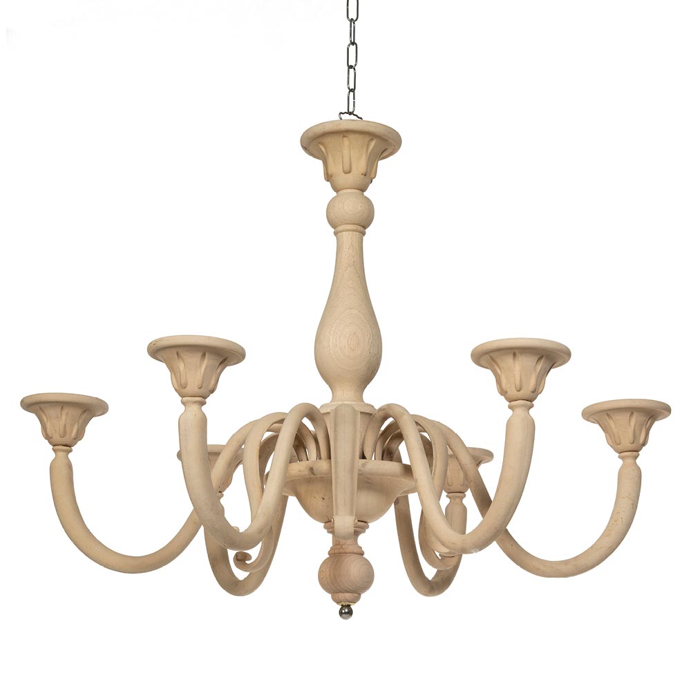 Tulip chandelier with 6 light fittings in beech and wood pulp size 90x90x74