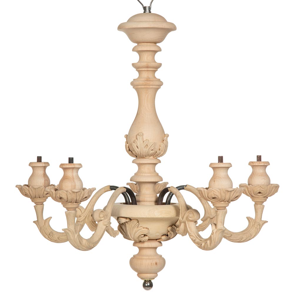 Leaf chandelier with 5 light fittings in beech and wood pulp size 52x52x55